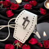 White Gothic Coffin Crossbody Bag with Studs & Chain | Punk Rock Shoulder Purse