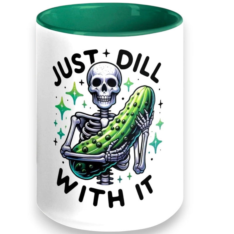 Just Dill With It 11oz Coffee Mug - Funny Pickle Skeleton Gift for Coffee Lovers