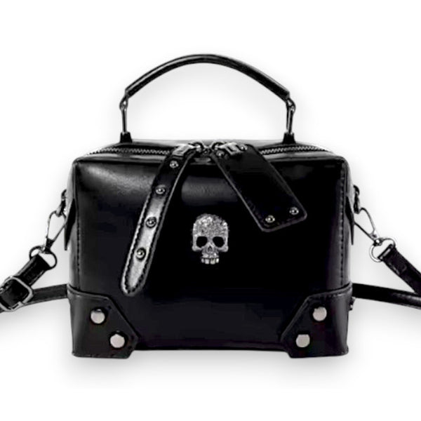 Gothic Crystal Skull Black Patent Mini Box Bag Crossbody Satchel Handbag NEW