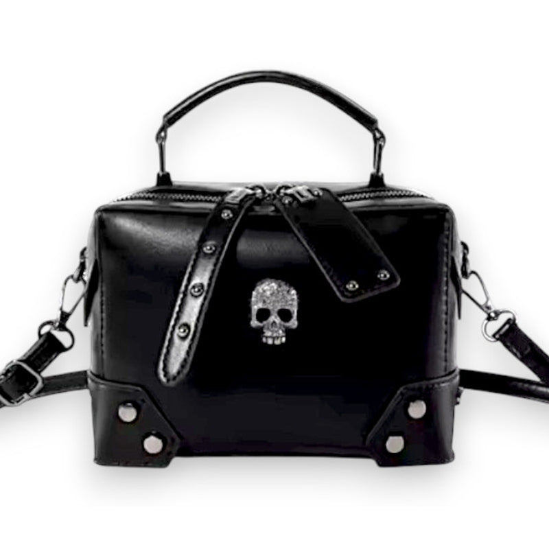 Gothic Crystal Skull Black Patent Mini Box Bag Crossbody Satchel Handbag NEW
