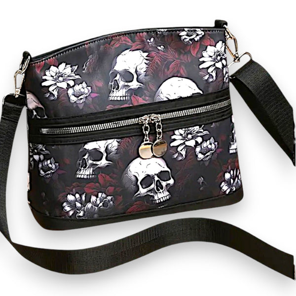 Gothic Skull Floral Crossbody Bag for Women Punk Style Shoulder Purse