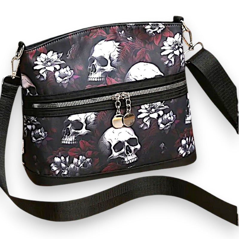 Gothic Skull Floral Crossbody Bag for Women Punk Style Shoulder Purse