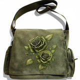 Vintage Olive Green Floral Crossbody Messenger Bag Large Capacity Boho Purse
