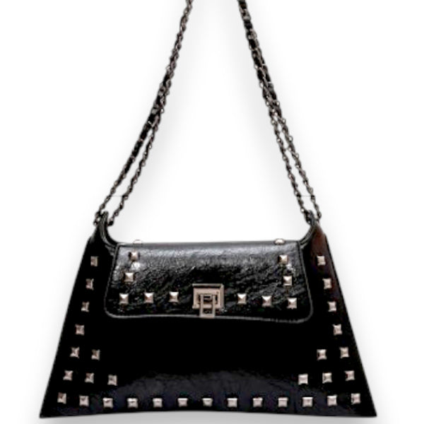 Black Patent Studded Chain Strap Shoulder Bag Flap Clutch Gothic Punk Glam