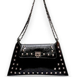 Black Patent Studded Chain Strap Shoulder Bag Flap Clutch Gothic Punk Glam
