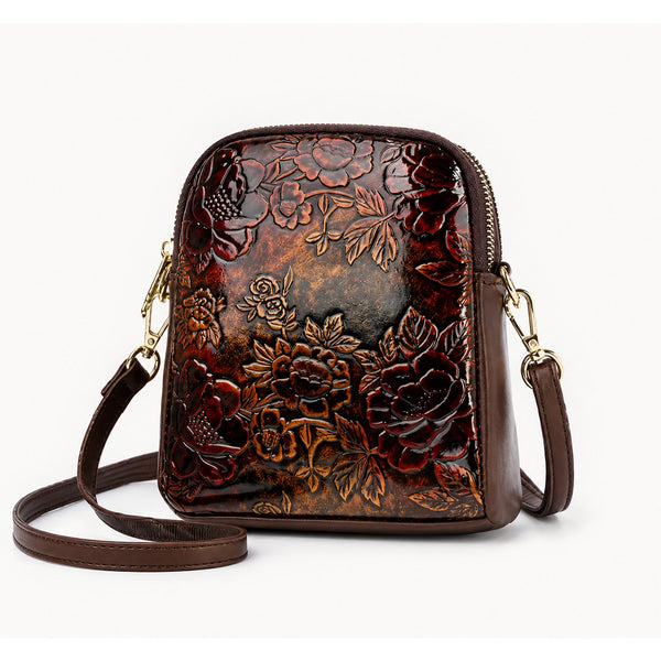 Vintage Floral Embossed Leather Crossbody Bag for Women - Elegant Handbag