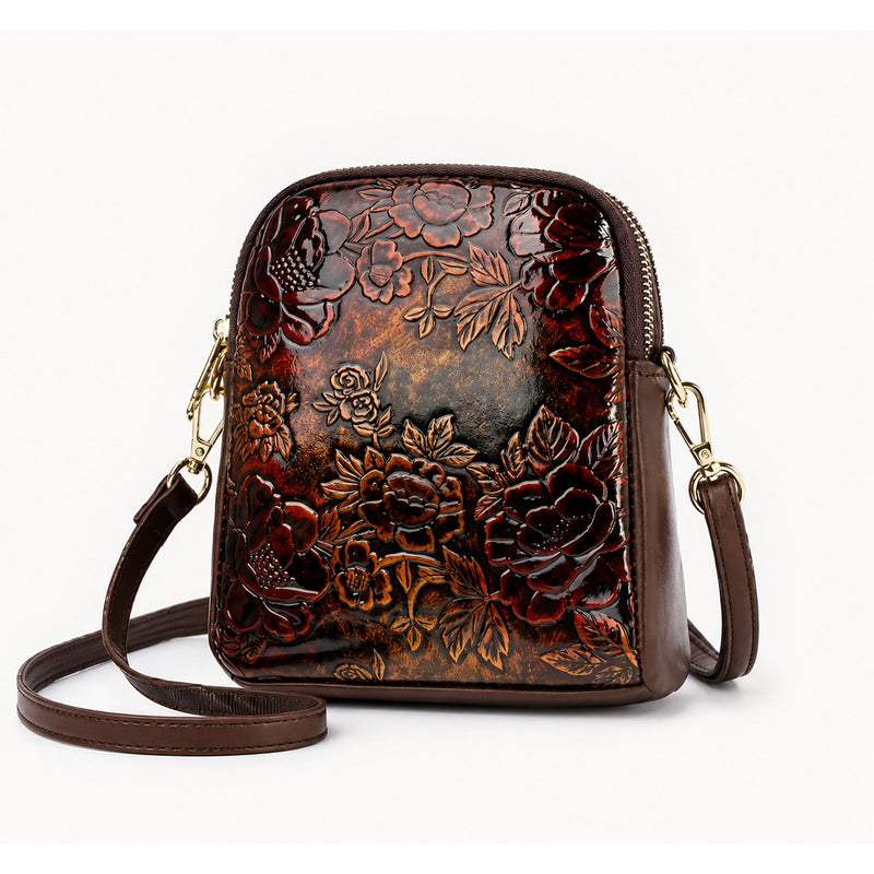Vintage Floral Embossed Leather Crossbody Bag for Women - Elegant Handbag