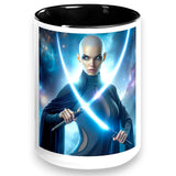 "Galactic Warrior Mug - Sci-Fi Female Fighter with Dual Energy Swords - Futurist