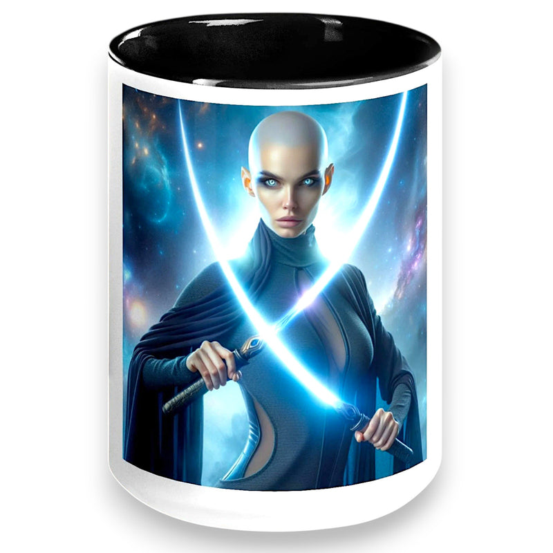"Galactic Warrior Mug - Sci-Fi Female Fighter with Dual Energy Swords - Futurist