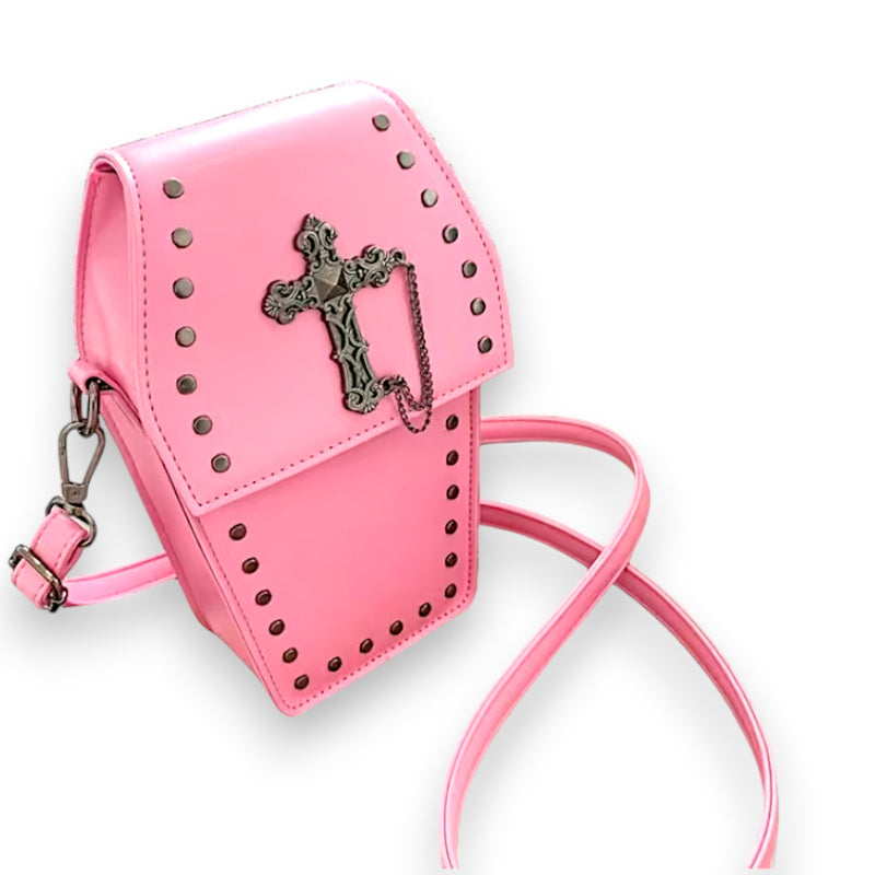Pink Gothic Coffin Crossbody Bag with Studs & Chain | Punk Rock Shoulder Purse