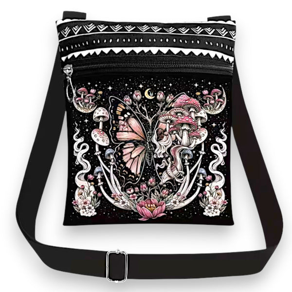 Gothic Butterfly Mushroom Crossbody Bag Dark Fantasy Purse for Women 7x9.25 in