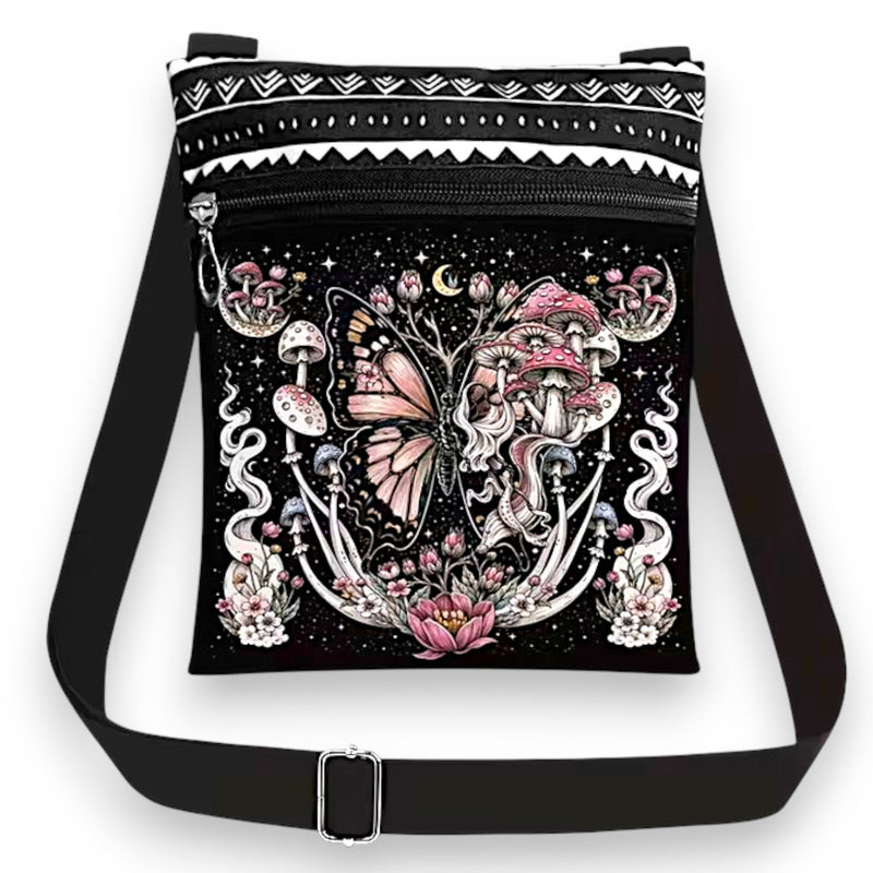 Gothic Butterfly Mushroom Crossbody Bag Dark Fantasy Purse for Women 7x9.25 in