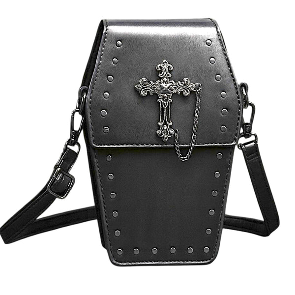 Black Gothic Coffin Crossbody Bag with Studs & Chain | Punk Rock Shoulder Purse