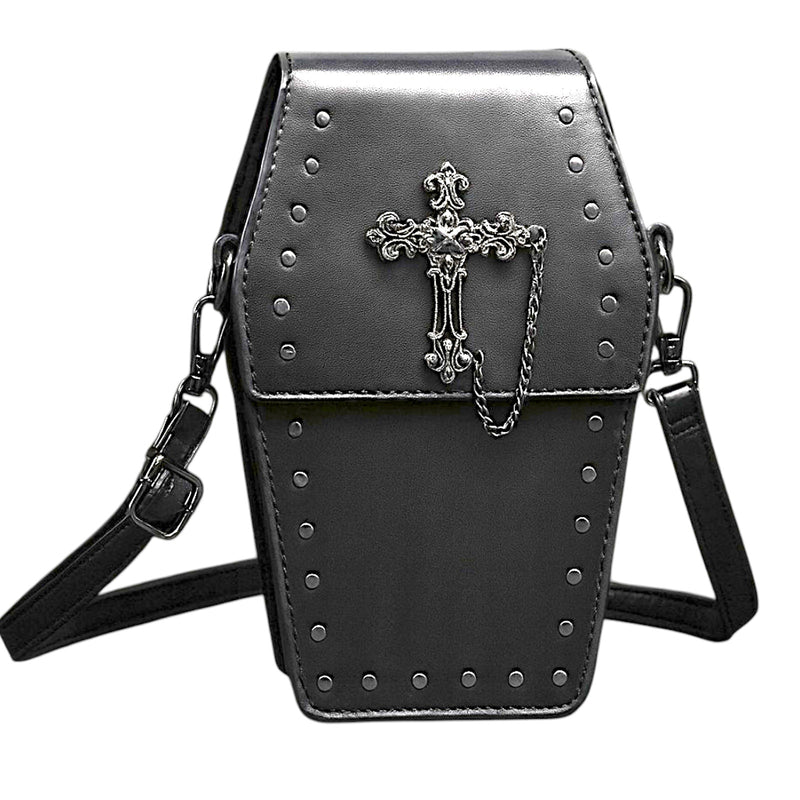 Black Gothic Coffin Crossbody Bag with Studs & Chain | Punk Rock Shoulder Purse