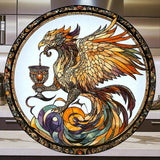 Acrylic Stained Glass Style Phoenix Suncatcher - Round Faux Window Decor 8" Gift