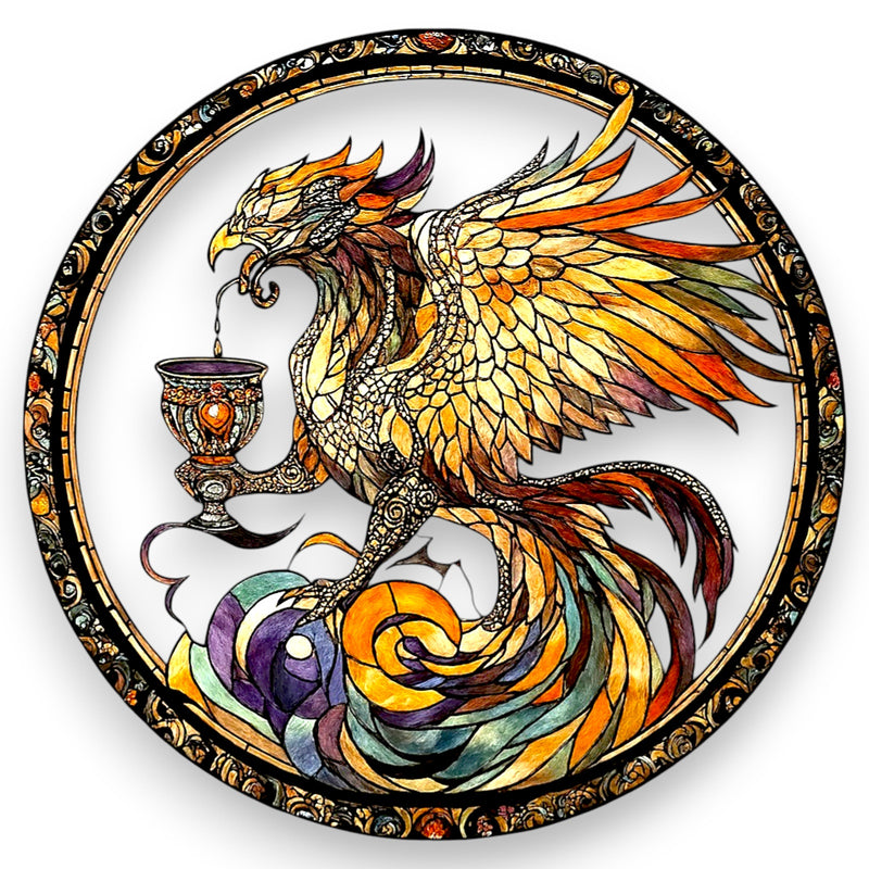 Acrylic Stained Glass Style Phoenix Suncatcher - Round Faux Window Decor 8" Gift
