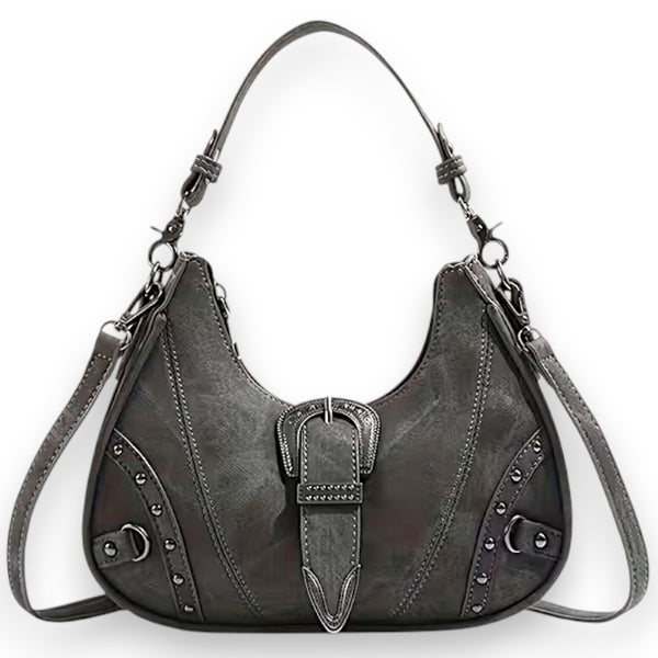 Distressed Leather Crescent Moon Moto Bag - Vintage Women's Crossbody Purse
