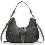 Distressed Leather Crescent Moon Moto Bag - Vintage Women's Crossbody Purse