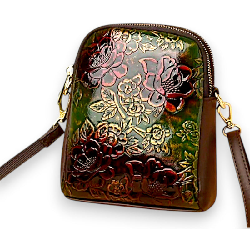 Vintage Floral Embossed Leather Crossbody Bag for Women - Stylish Handbag
