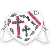 White Gothic Heart Shape PU Leather Crossbody Bag for Women, Punk Style