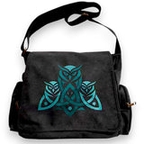 Black Canvas Messenger Bag with Teal Owl Celtic Knot and Adjustable Strap