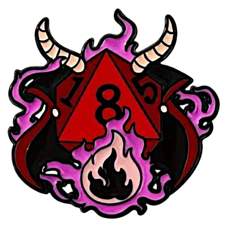 Red D20 Demon Dice Enamel Pin - Horned Dragon Fantasy RPG Accessory