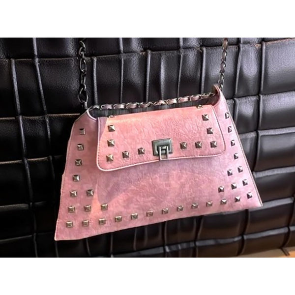Black Patent Studded Chain Strap Shoulder Bag Clutch Punk Glam Stylish NEW