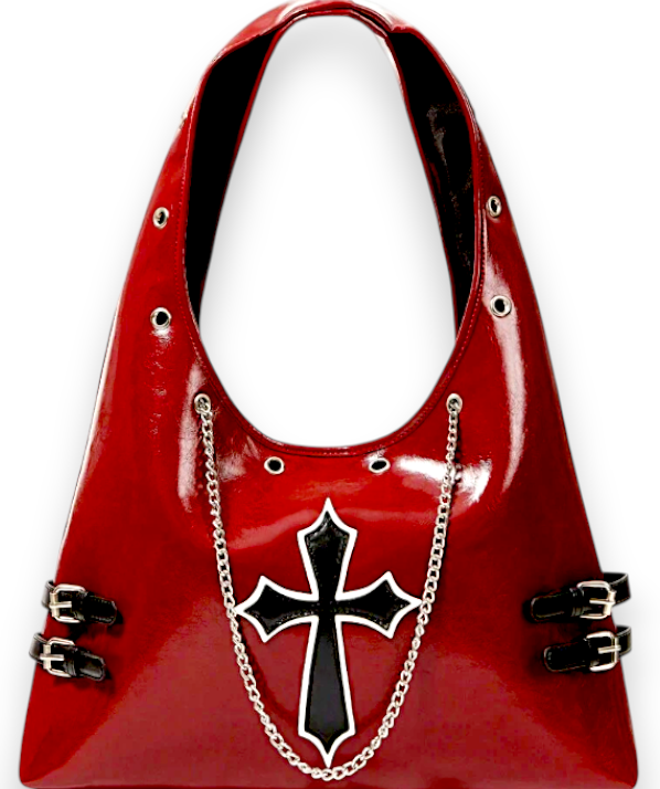 Red Gothic Patent Crossbody Bag with Silver Chain - Punk Rock Purse