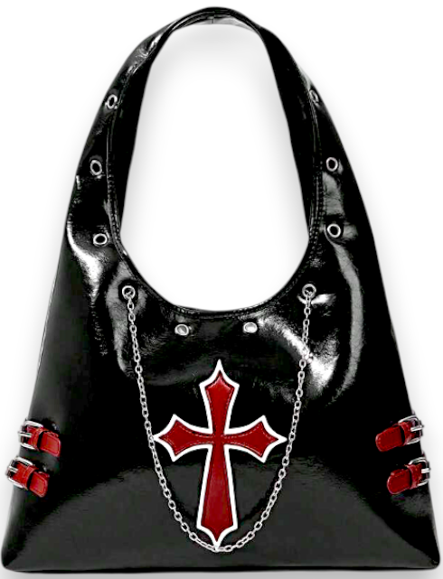 Black Gothic Crossbody Bag with Chain - Punk Rock Shoulder Purse for Women
