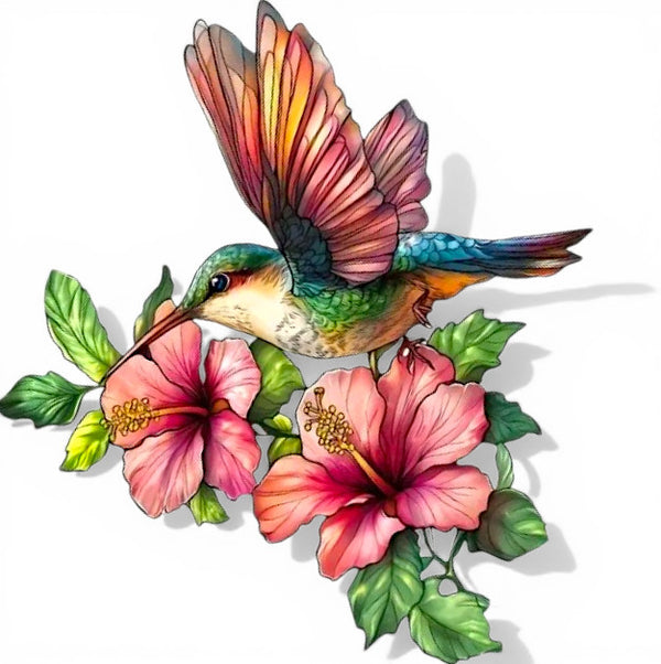 Hummingbird Suncatcher Faux Stained Glass Hibiscus Window Hanging 9"