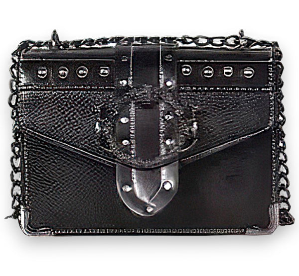 Women's Mini Black Studded Chain Crossbody Bag Square Buckle Flap Purse NEW