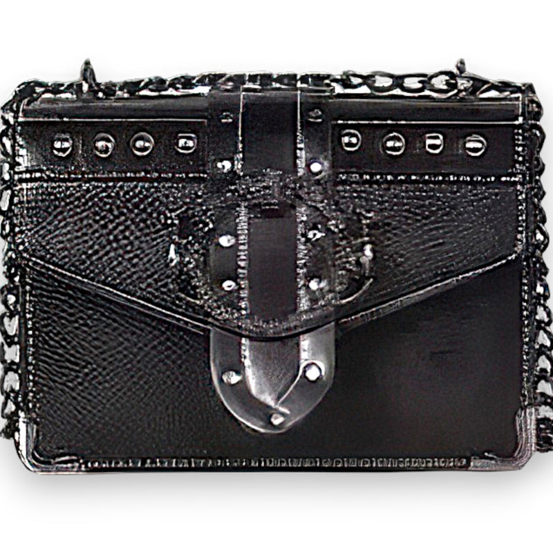 Women's Mini Black Studded Chain Crossbody Bag Square Buckle Flap Purse NEW