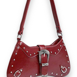 Women's Western Cowgirl Burgundy Studded Crossbody Bag Silver Buckle Purse NEW