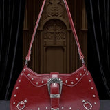 Women's Western Cowgirl Burgundy Studded Crossbody Bag Silver Buckle Purse NEW