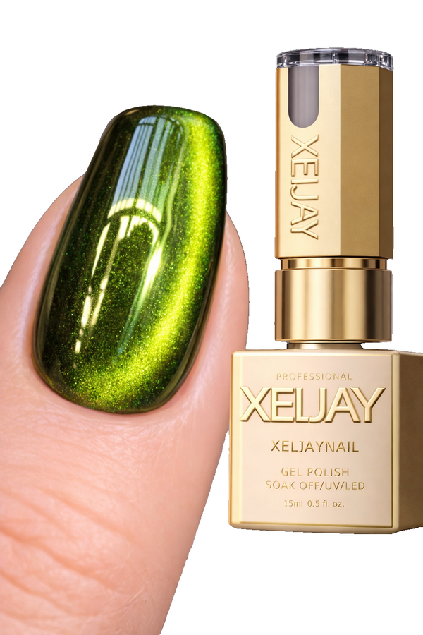 Xeljay #04 Olive Green Cat Eye Magnetic Gel Polish 15ml Multi Stripe Lime Glow