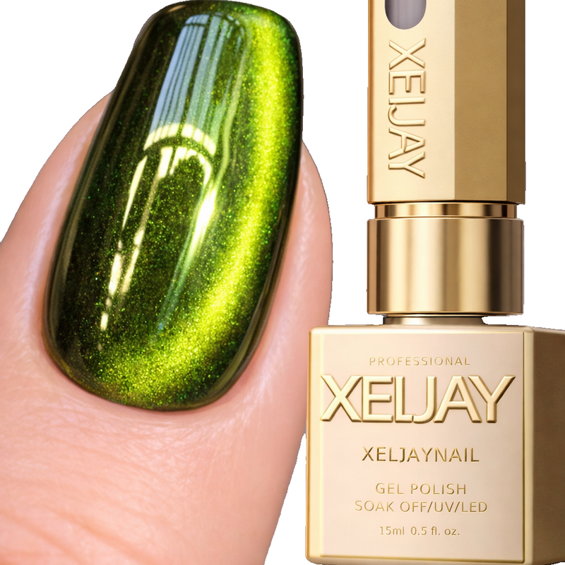 Xeljay #04 Olive Green Cat Eye Magnetic Gel Polish 15ml Multi Stripe Lime Glow