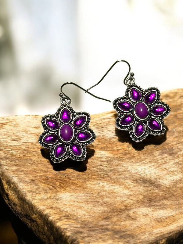 Purple Flower Dangle Earrings 1in | Silver Tone Floral Hook Earrings