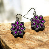 Purple Flower Dangle Earrings 1in | Silver Tone Floral Hook Earrings