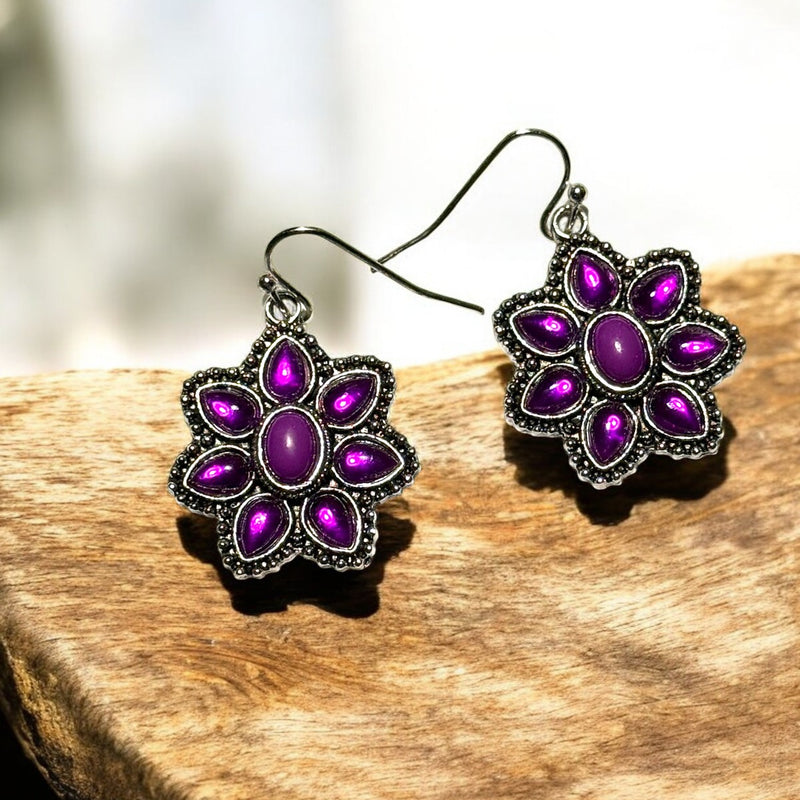 Purple Flower Dangle Earrings 1in | Silver Tone Floral Hook Earrings