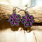 Purple Flower Dangle Earrings 1in | Silver Tone Floral Hook Earrings