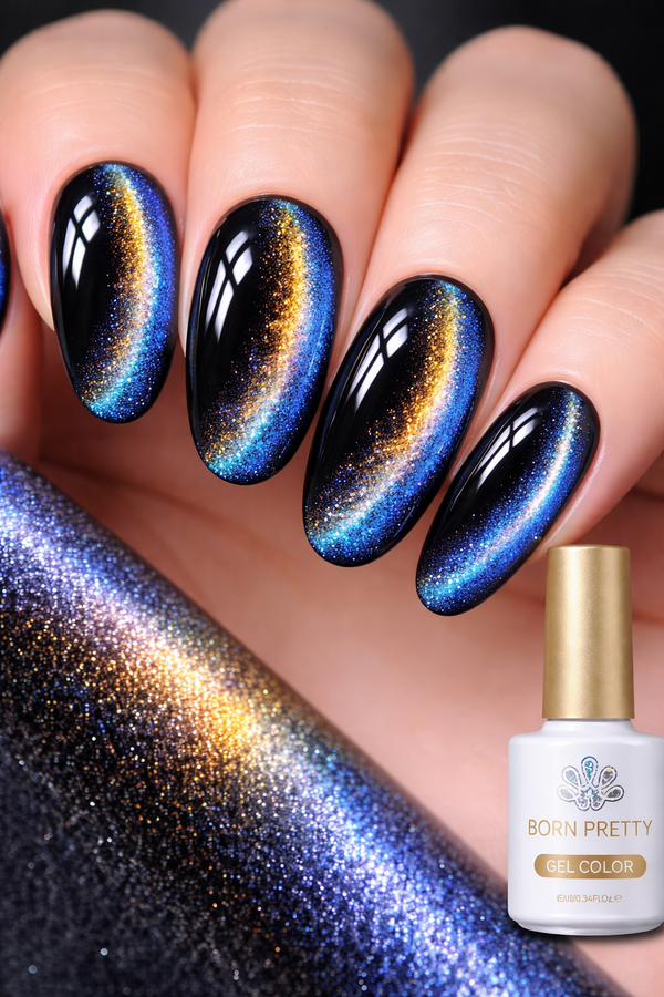 Born Pretty MY32 Cat Eye Gel Polish Blue Gold Magnetic Glitter UV LED