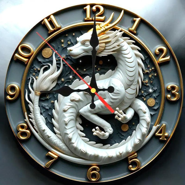 White Gold Dragon Wall Clock 9.8” Silent Wooden Gothic Fantasy Home Decor