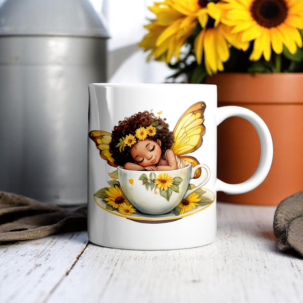Sleeping Sunflower Fairy Mug – Black Fairy in Teacup | 11oz & 15oz Sizes