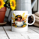 Sleeping Sunflower Fairy Mug – Black Fairy in Teacup | 11oz & 15oz Sizes