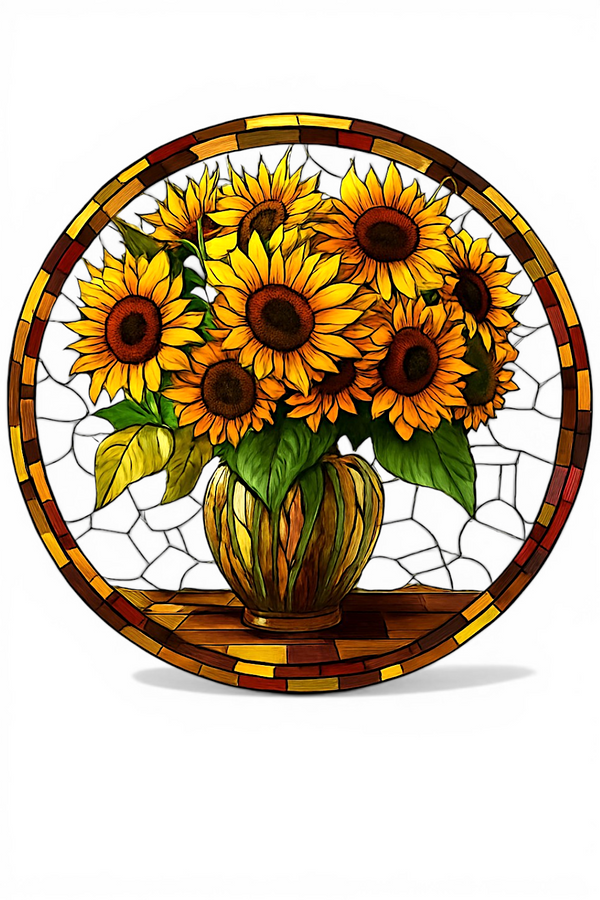 Sunflower Vase Suncatcher Faux Stained Glass 8" Floral Window Decor