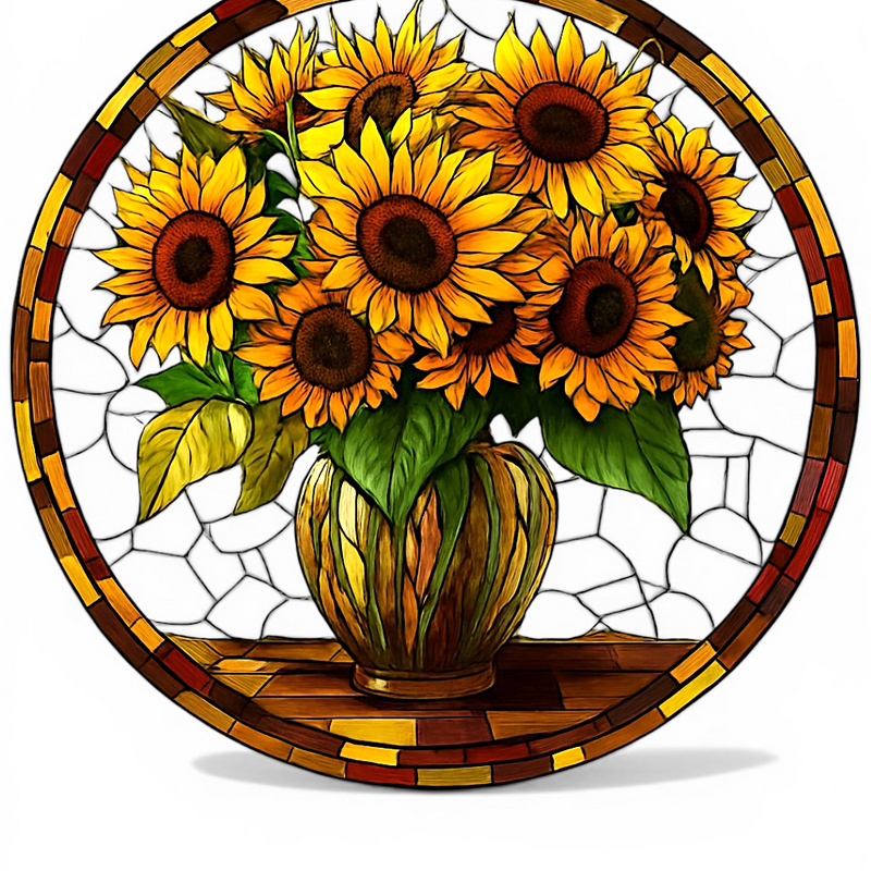 Sunflower Vase Suncatcher Faux Stained Glass 8" Floral Window Decor