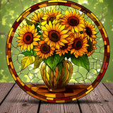 Sunflower Vase Suncatcher Faux Stained Glass 8" Floral Window Decor