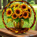 Sunflower Vase Suncatcher Faux Stained Glass 8" Floral Window Decor