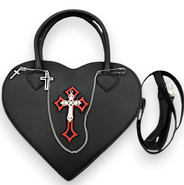 Gothic Heart Handbag Crossbody Purse Black Red Cross Chain Punk Y2K Alt