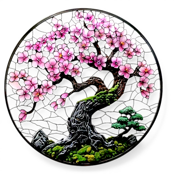 8" Cherry Blossom Tree Faux Stained Glass Suncatcher Floral Window Decor